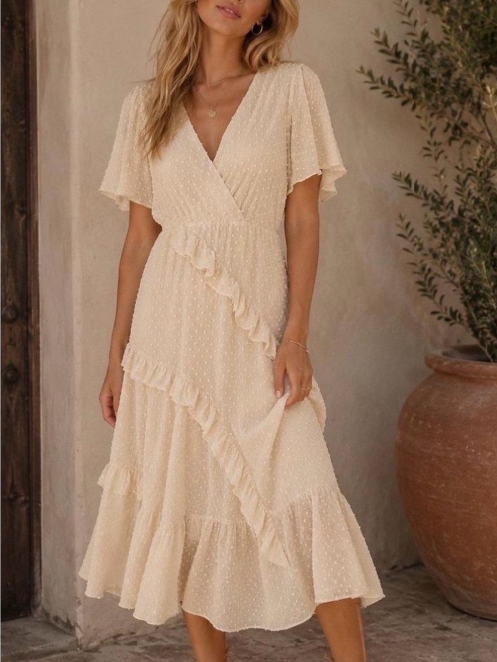 #19 Lulu's Cream Ruffle Wrap Midi Dress